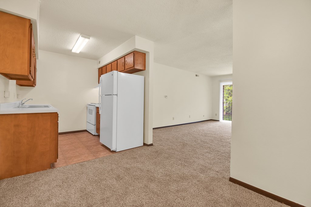 A kitchen area with a refrigerator and a counter.