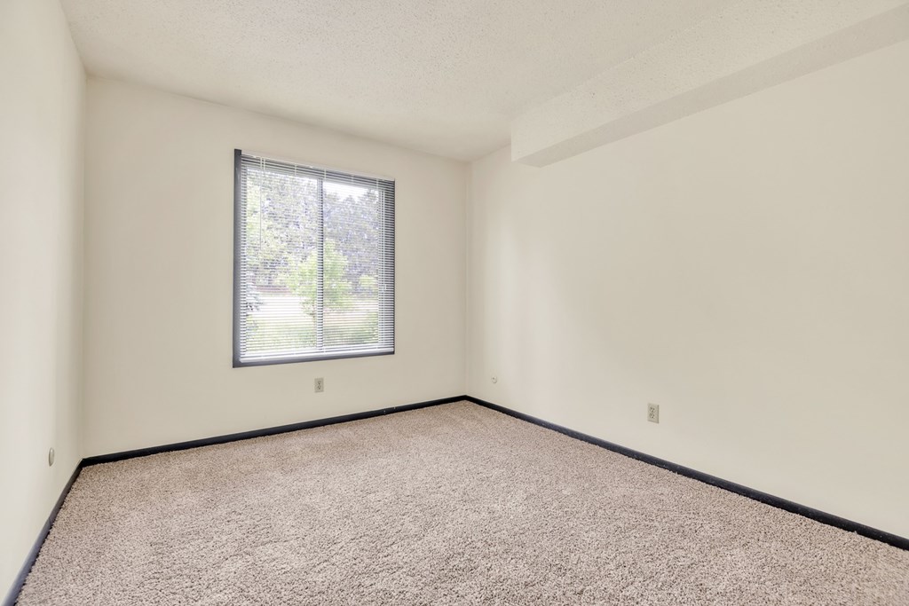 A room with a window and carpeted floor.