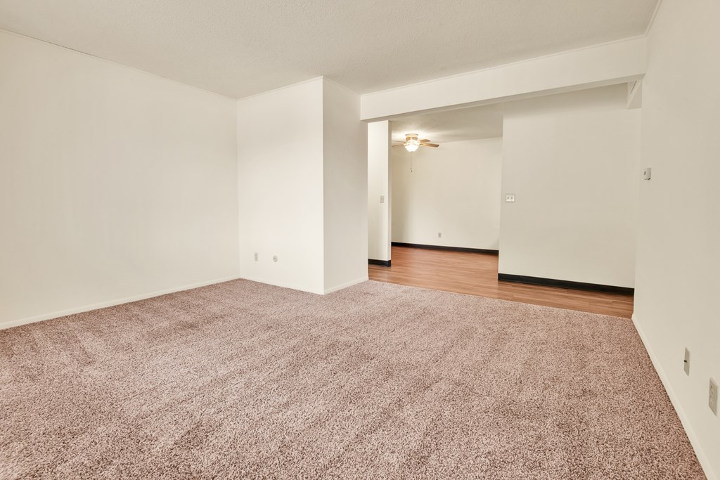 A room with a carpeted floor and white walls.