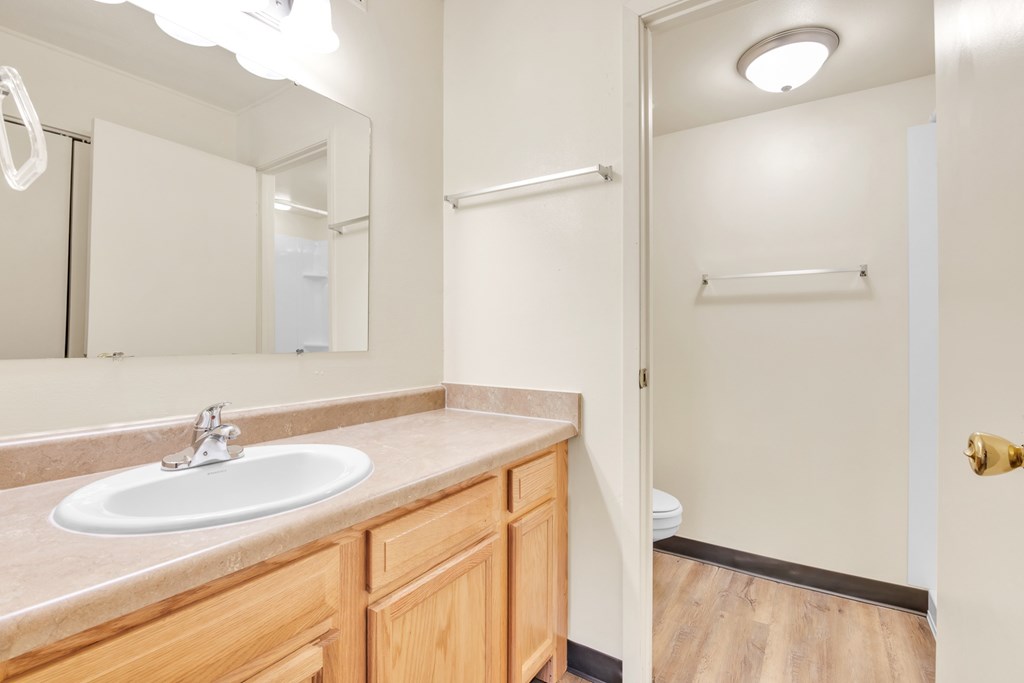 A bathroom with a sink, mirror, and towel rack.