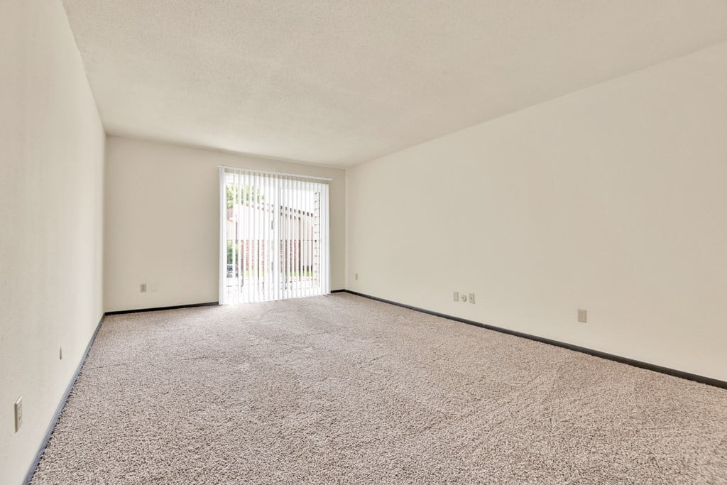 A room with a carpeted floor and a sliding glass door.