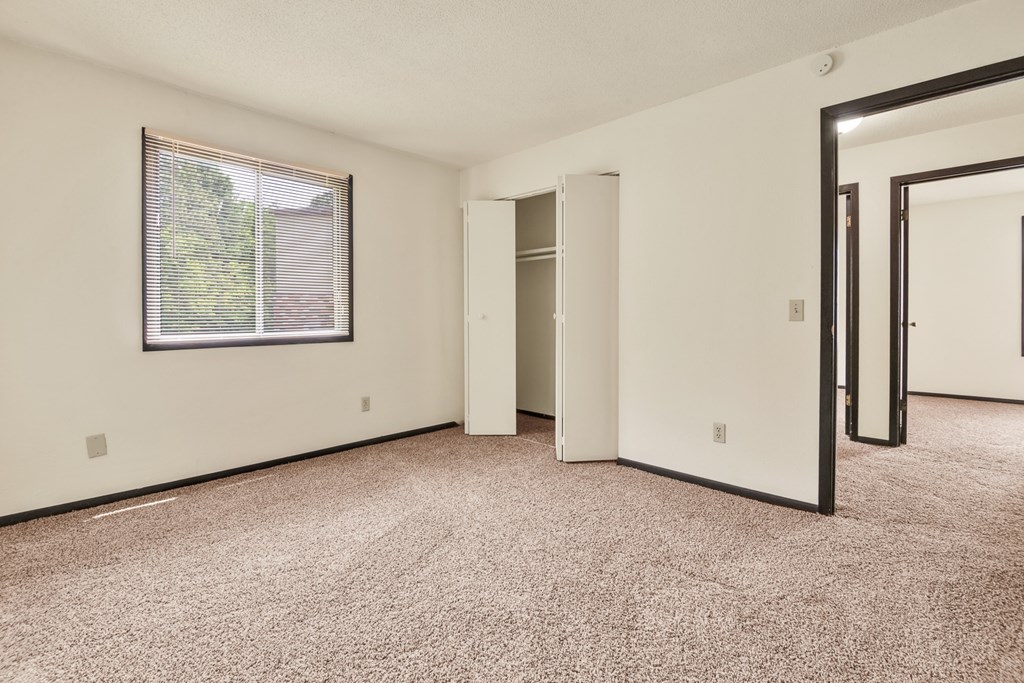 A room with a carpeted floor and a window with blinds.