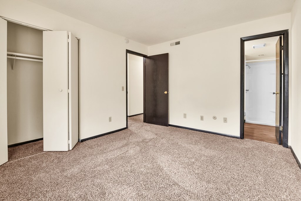 A room with carpeted floor and a brown door.