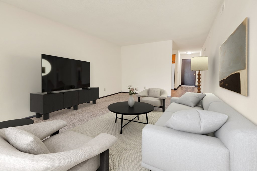 A living room with a grey couch, a black coffee table, and a television.