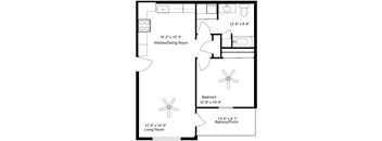 A floor plan of a house with a kitchen, dining room, living room, and two bedrooms.