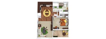 A series of four images showing a top down view of a living room, kitchen, dining area, and bathroom.