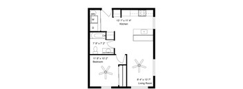 A floor plan of a small apartment with a kitchen, bedroom, and living room.