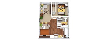 A top-down view of a small apartment with a kitchen, living room, and bedroom.