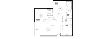 A floor plan of a house with a living room, kitchen, two bathrooms, and two bedrooms.