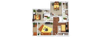 A top-down view of a living room with a couch, coffee table, and a large yellow rug.