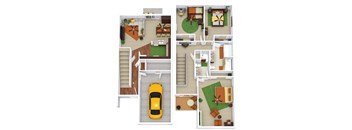 A yellow car is parked in the garage of a house.