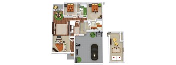 A top down view of a house layout with a car parked in the driveway.