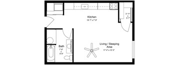 A floor plan of a small apartment with a kitchen, bathroom, and living/sleeping area.