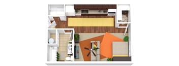 A top down view of a living room, kitchen, and dining area.