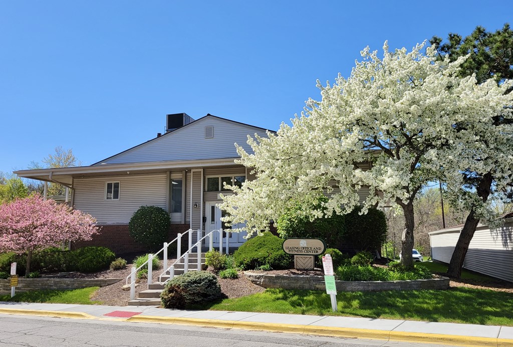 a house with a white flowering tree in front of it