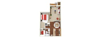 A top down view of a small apartment with a bedroom, living room, and kitchen.
