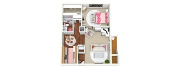 A top-down view of a small apartment with a bed, desk, and kitchenette.