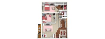 A top-down view of a small apartment with a bedroom, living room, and kitchen.