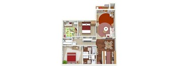 A top-down view of a house layout with multiple rooms and furniture.
