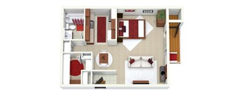 A top down view of a living room, kitchen, and dining area.