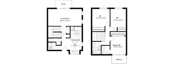 A floor plan of a house with a living room, dining room, and balcony.