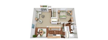 A top-down view of a small apartment with a living room, kitchen, and bedroom.