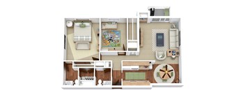 A top-down view of a small apartment with a bedroom, living room, kitchen, and bathroom.