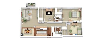 A top-down view of a house layout with a kitchen, living room, dining area, and bedrooms.