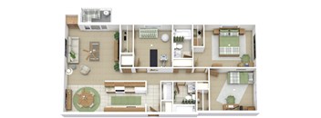 A top-down view of a house layout with a kitchen, living room, and bedrooms.