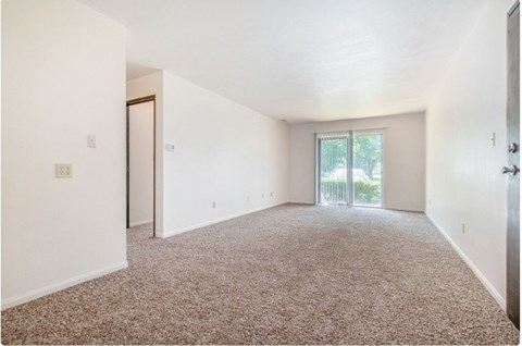 A spacious room with a carpeted floor and a sliding glass door leading to a balcony.