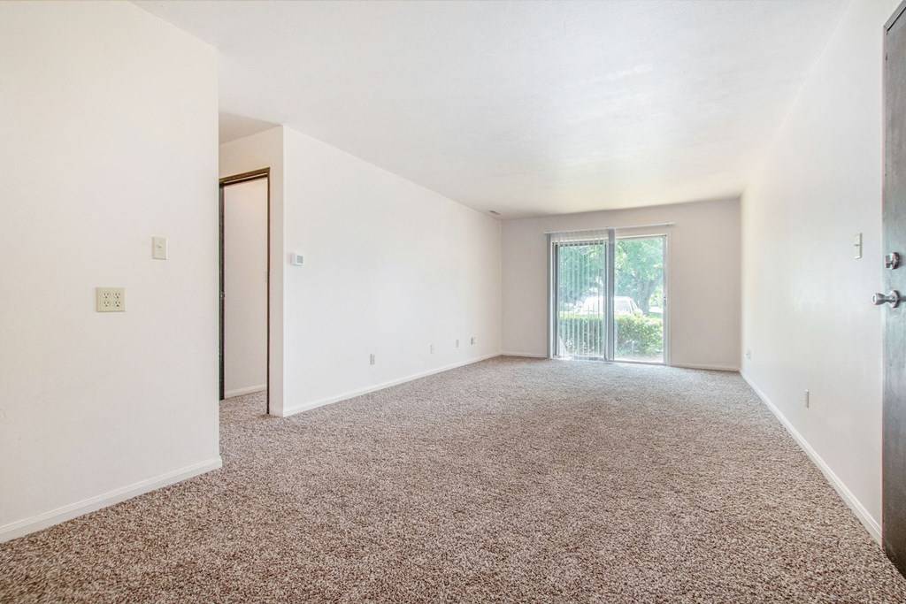an empty room with carpet and a sliding glass door