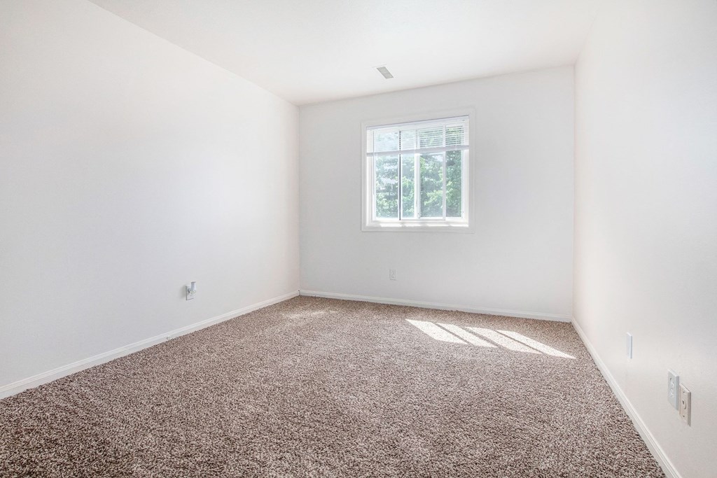 an empty room with carpet and a window