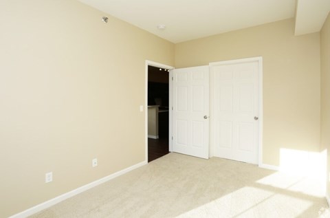 A room with a carpeted floor and two white doors.