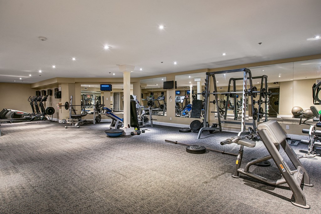 a gym with weights and cardio equipment in a building