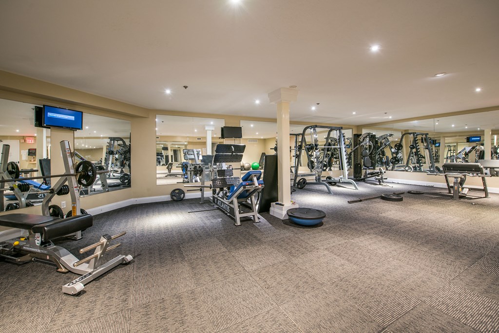 a gym with weights and cardio equipment in a building