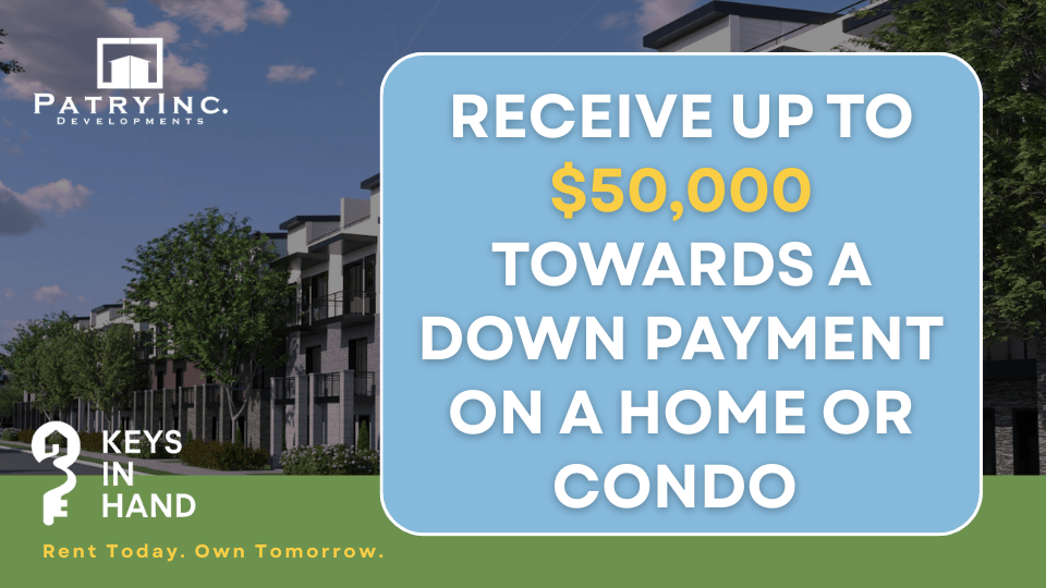A real estate advertisement offering up to $50,000 towards a down payment on a home or condo.