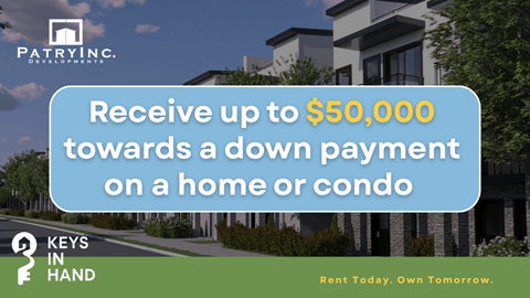 An advertisement for Patryn.c Development offering up to $50,000 towards a down payment on a home or condo.