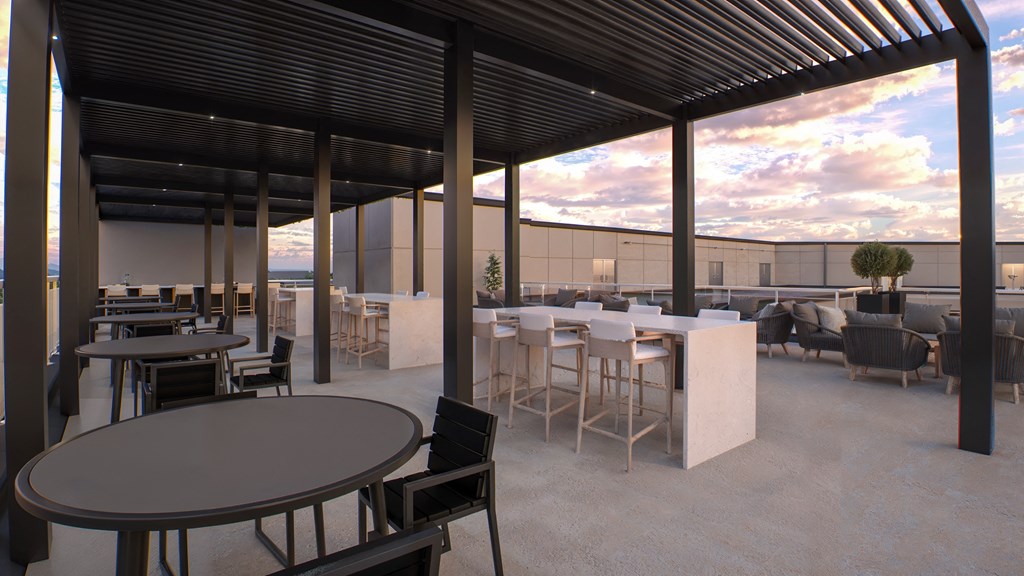 a rendering of a patio area with tables and chairs at 2274 Princess St., Kingston, Ontario