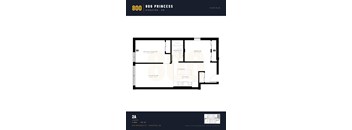 A floor plan for a 2 bedroom apartment at 800 Princess St, Kingston, ON.