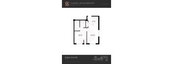 A floor plan for a Sante Apartments unit shows a kitchen, living room, and bedroom.