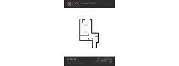 A black and white image of a floor plan for a studio apartment.