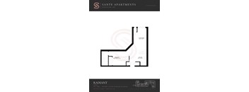 A floor plan for a living room, bedroom, and kitchen area in a Sante Apartments unit.
