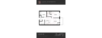 A floor plan for a one bedroom apartment at Sante Apartments.