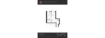 A floor plan for a 1 bedroom, 662 sqft suite at Sante Apartments.