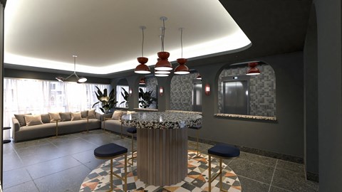 a rendering of a living room with a round table and couches