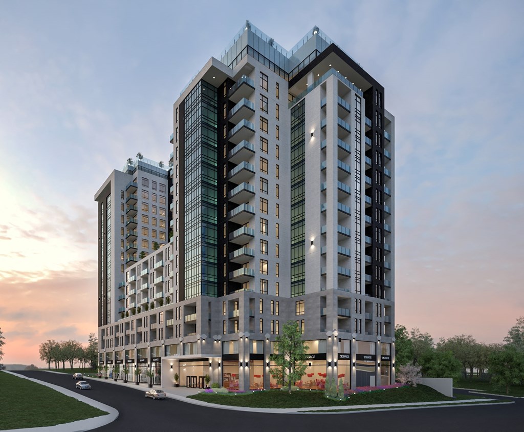 a rendering of a tall apartment building with a sunset in the background