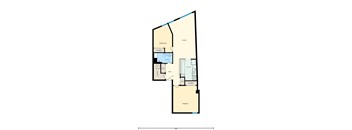 A floor plan of a house with a bedroom, living room, kitchen, and bathroom.