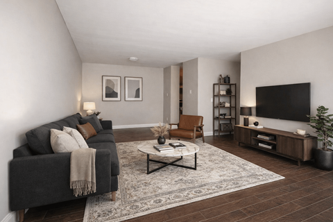 A living room with a grey couch, a coffee table, and a television.