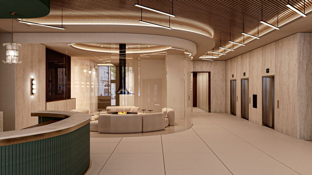 a rendering of a lobby with a reception desk and couches at The Woods at 180 Kanata Avenue, Kanata, K2K 3L9