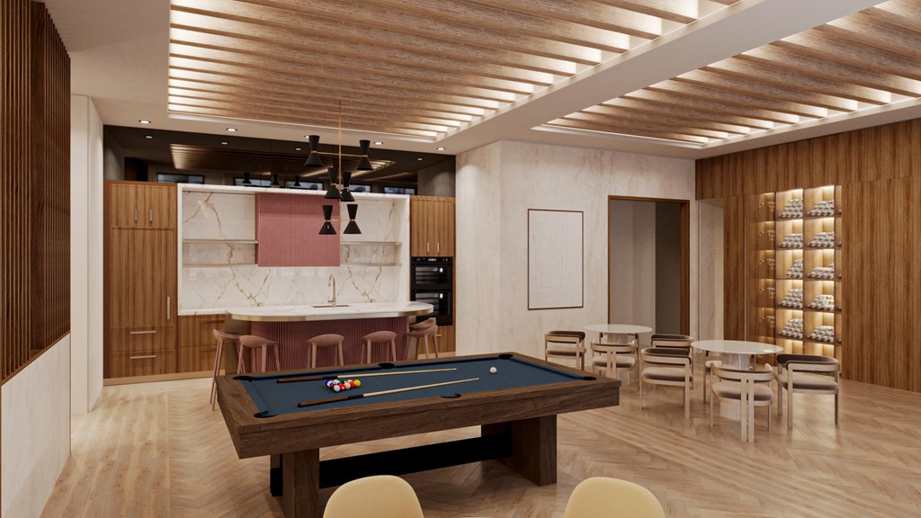 a spacious game room with a pool table and a bar at The Woods at 180 Kanata Avenue, Kanata